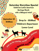 A tan flyer with red and orange accents. Cartoon children read near two llama silhouettes.