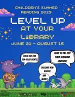 A blue flyer with pixel-art clouds and trees. Cartoon animals play in the foreground.