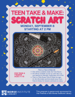 Flyer for Teen Take and Make Scratch Art Kits on Monday, September 8 starting at 2 PM