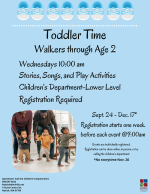 A blue flyer with children playing on the left. Blue baby shoes are along the top.