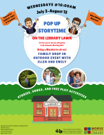 A blue and green flyer with a red cartoon library and two cartoon librarians popping up