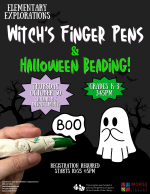 A black flyer with a pen that looks like a witch's finger in the corner, pointing at a ghost.