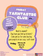 A purple, orange, and yellow flyer with a yarn ball and a cat with sunglasses chilling out.