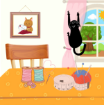 An orange table set with sewing suplies.