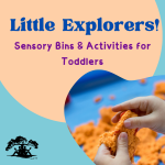 Blue background, hands foreground using kinetic sand, words say Little Explorers