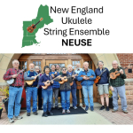 Group of people standing in front of a entrance door holding ukuleles