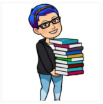 A cartoon image of a white woman with blue hair smiling while holding a stack of books.