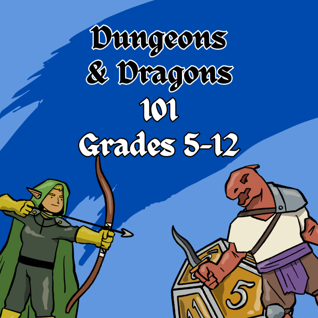 Image features a blue background with a elvish swordsman and a dragon barbarian are featured. The wo