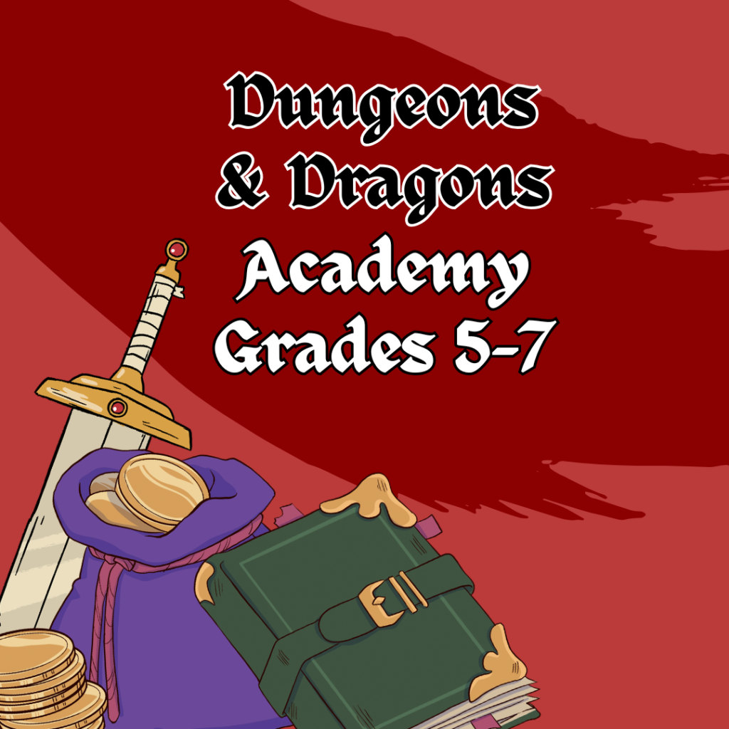 Image features a red background with a cartoon sword, tomb, and bag of gold. The words: Dungeons &