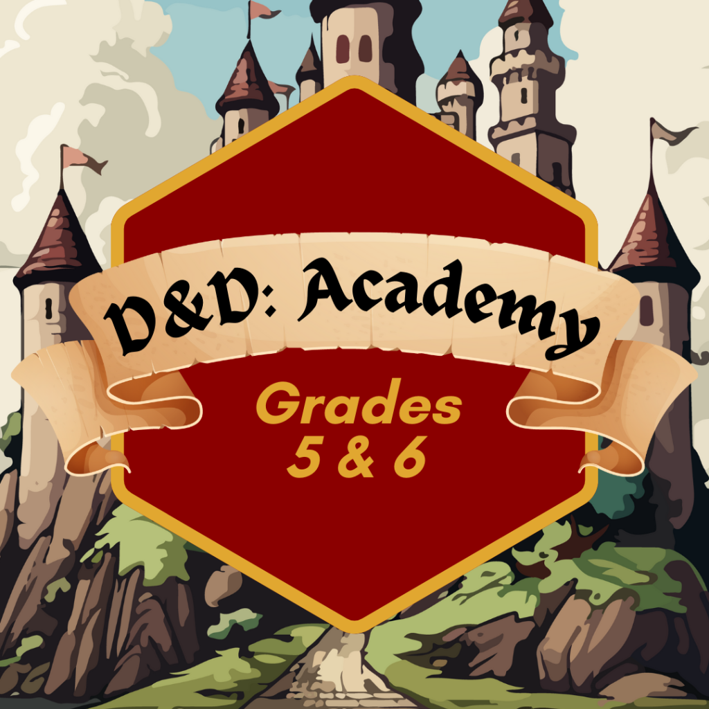 Picture shows a polyhedron that says Dungeons & Dragons: Academy for grades 5 & 6. Background shows 