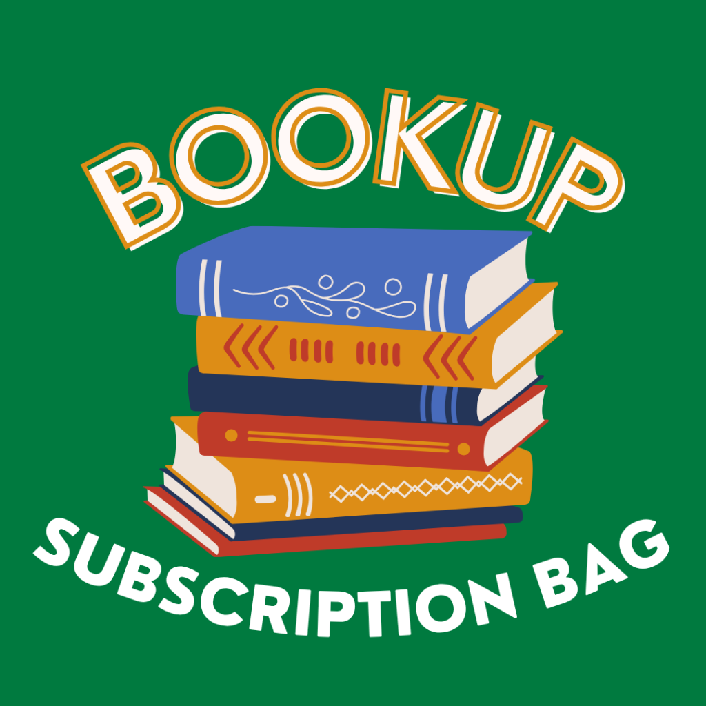 Features a stack of books with the words Bookup Subscription Bag.