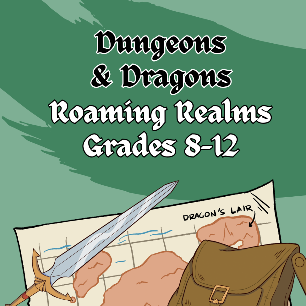 Image features a green background with a cartoon sword, map, and bag. The words: Dungeons & Dragons 