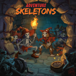 goofy cartoon skeletons wearing wizard garb and carrying torches explore a cavernous stone dungeon.