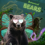 grizzly bear with pastel heart sunglasses and butterfly wings sitting in a magic forest glen, swirls