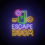 neon sign spelling out the words escape room with lock and key icon.