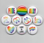 various designs of LGBTQ+ pride buttons. 