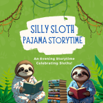 sloths wearing pajamas read books about sloths against jungle backdrop.