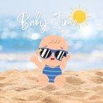 summer beach scene with sun and baby wearing sunglasses.