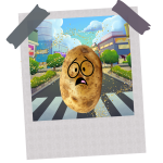 polaroid of sentient scared potato in cartoon town.
