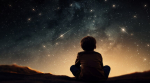 Back view of child sitting on ground looking up at night sky.
