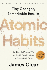 White background with gold and black title text reading Atomic Habits an Easy and Proven Way to Buil