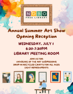 Descriptive text about library summer art show on artist background. 