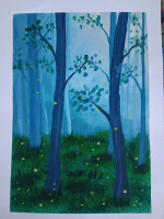 painting of fireflies in a field at dusk.