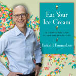 Dr. Ezekial J Emanuel standing with book Eat Your ice Cream with sprinkles in the background.