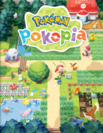 A game image from Pokemon Pokopia, featuring a grassy area with a Pokemon center and a transformed D