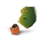 Illustrated dinosaur calmly looks over the shoulder of a child reading a book.