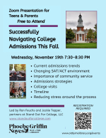 Light blue flyer for Navigating College Admission virtual program for teens and parents Wed Nov 19 a