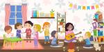 Colorful horizontal drawing of children singing and playing instruments with white adult woman playi