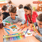 A child coloring with crayons