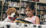 A child reading to a dog.