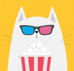 A cat wearing 3D glasses and holding a bucket of popcorn.