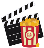 A clapboard and popcorn bucket.