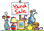 Household items with a yard sale sign.