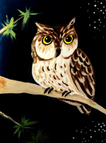 painting of an owl on a branch.