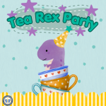 A blue and purple banner with stars says "Tea Rex Party." Below, a cute purple dinosaur wearing a pa