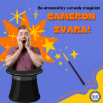 Title: Be amazed by comedy magician Cameron Zvara! Cameron Zvara pops out of a black magician's hat 
