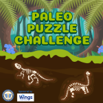 A jungle background with dirt below, and a dinosaur skeleton buried in the dirt. Title: Paleo Puzzle