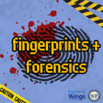 A giant thumbprint lays over a blood splatter. Title text reads "Fingerprints and Forensics" in blac