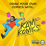 Comic book panel style background with art by Kam Komics in the foreground. 