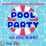 A red and white floating ring on a pool-water background. Text reads "End of Summer Reading Pool Par