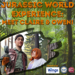Two actors dressed as Claire and Owen holding a small dinosaur. Jurassic World Experience: Meet Clai