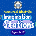 February 2025 Homeschool Meet-Up Asset. Blue background with words "Homeschool Meet-Up: Imagination 