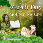 Wooded background with Mother Nature reading a story book to an owl, otter, and rabbit. Words say "E