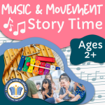 Music & Movement Story Time. Ages 2+. Romulus Public Library. Two images included: One of various ch