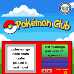 Blue and yellow text reading "Pokémon Club" on a cartoony blue sky background. A red object resembl