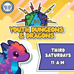 Cartoony purple dragon in front of a yellow background. D20 Graphic behind words "Youth Dungeons & D